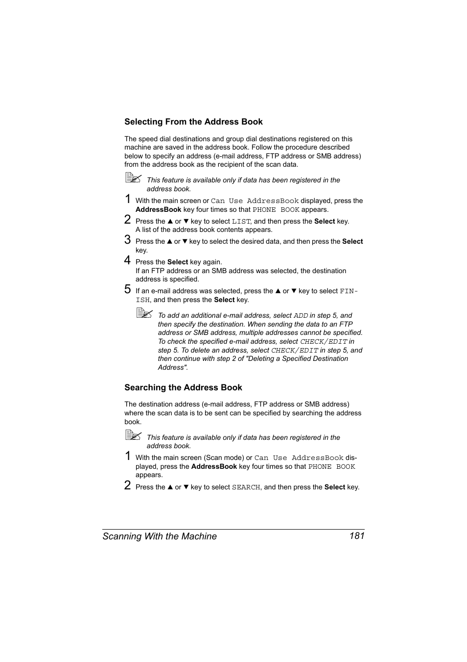 Selecting from the address book, Searching the address book | Konica Minolta bizhub C20X User Manual | Page 195 / 346