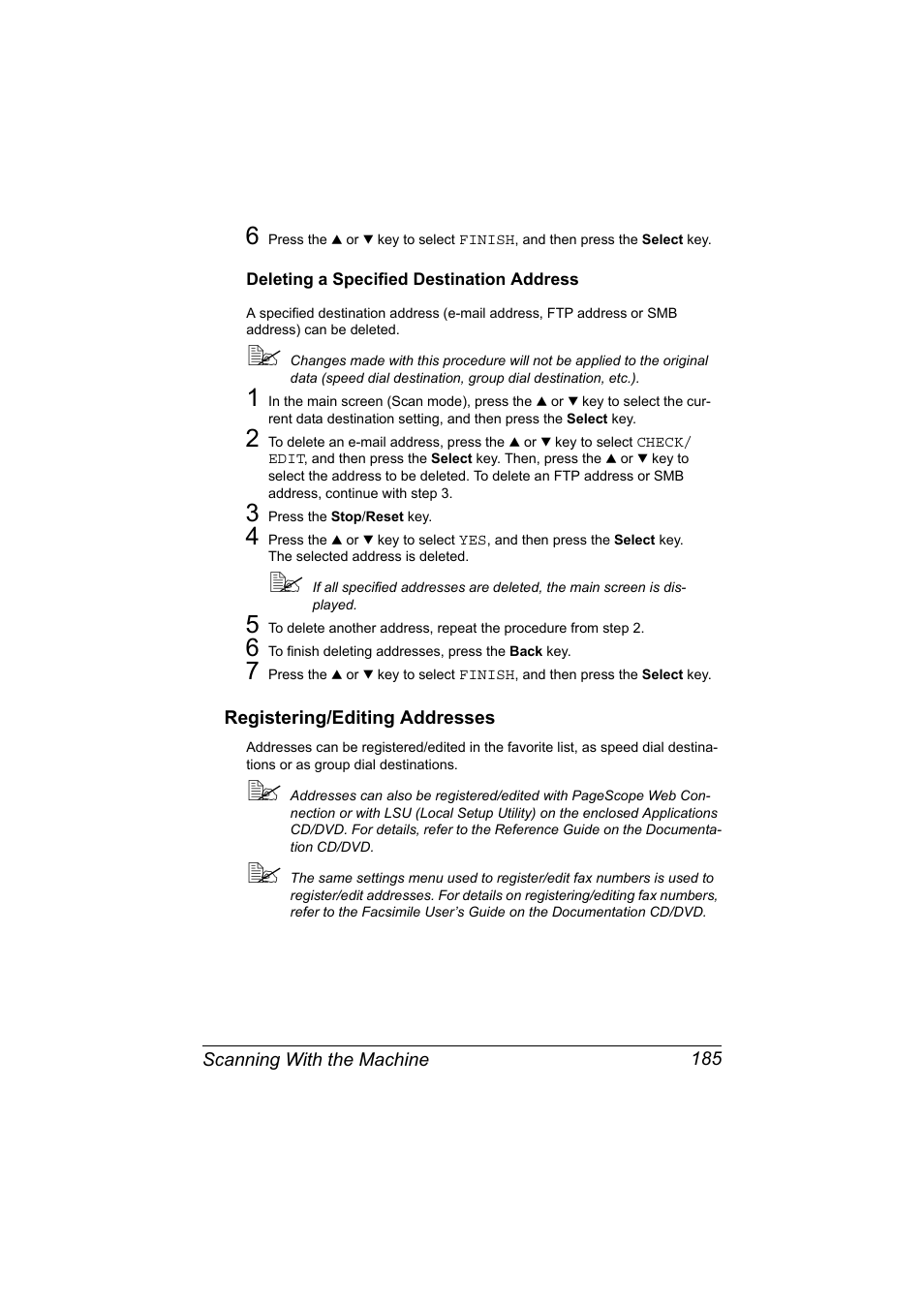 Deleting a specified destination address, Registering/editing addresses, Deleting a specified destination address 185 | Registering/editing addresses 185 | Konica Minolta bizhub C20X User Manual | Page 199 / 346