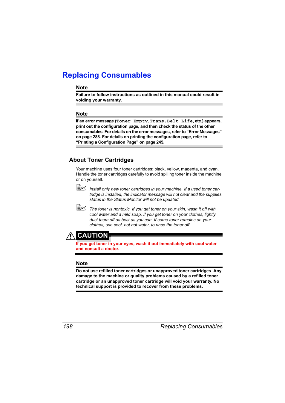 Replacing consumables, About toner cartridges, Replacing consumables 198 | About toner cartridges 198, Caution | Konica Minolta bizhub C20X User Manual | Page 212 / 346