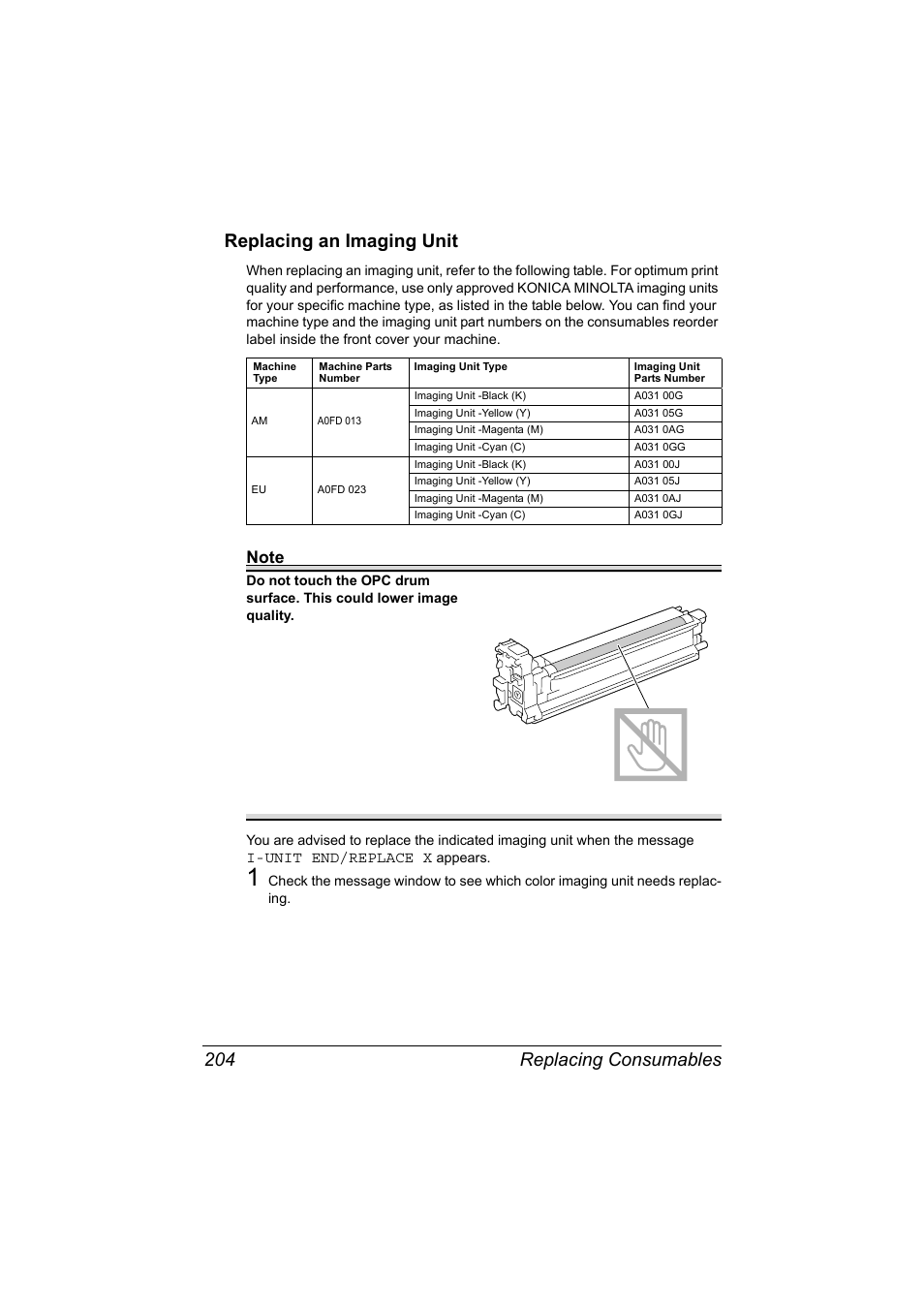 Replacing an imaging unit, Replacing an imaging unit 204 | Konica Minolta bizhub C20X User Manual | Page 218 / 346