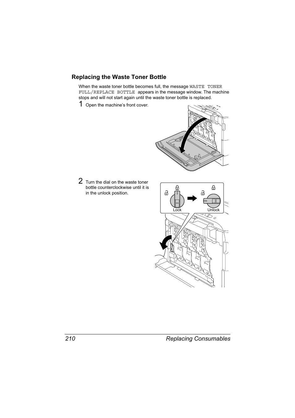 Replacing the waste toner bottle, Replacing the waste toner bottle 210 | Konica Minolta bizhub C20X User Manual | Page 224 / 346