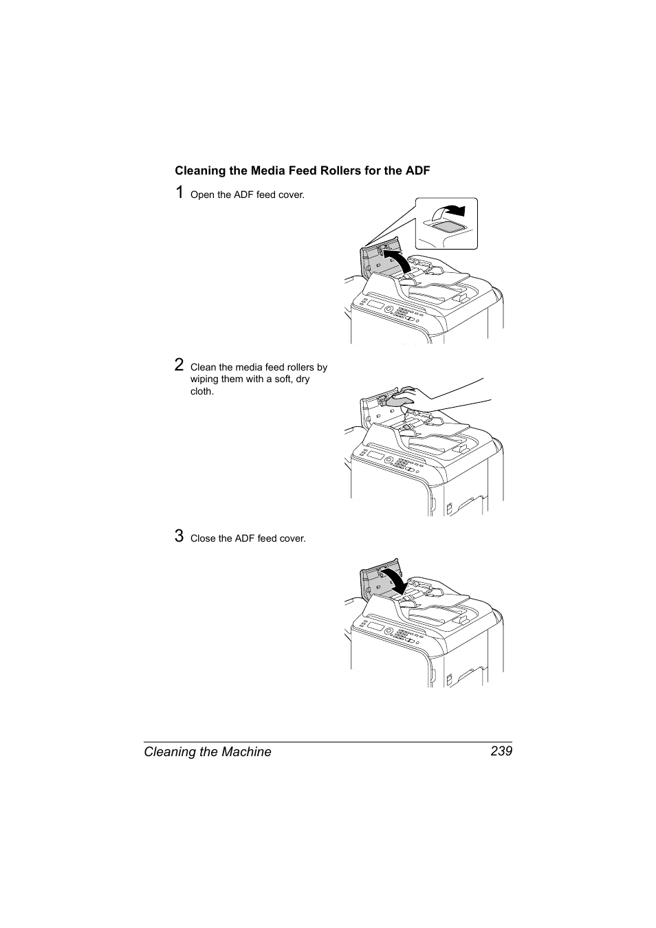 Cleaning the media feed rollers for the adf, Cleaning the media feed rollers for the adf 239 | Konica Minolta bizhub C20X User Manual | Page 253 / 346