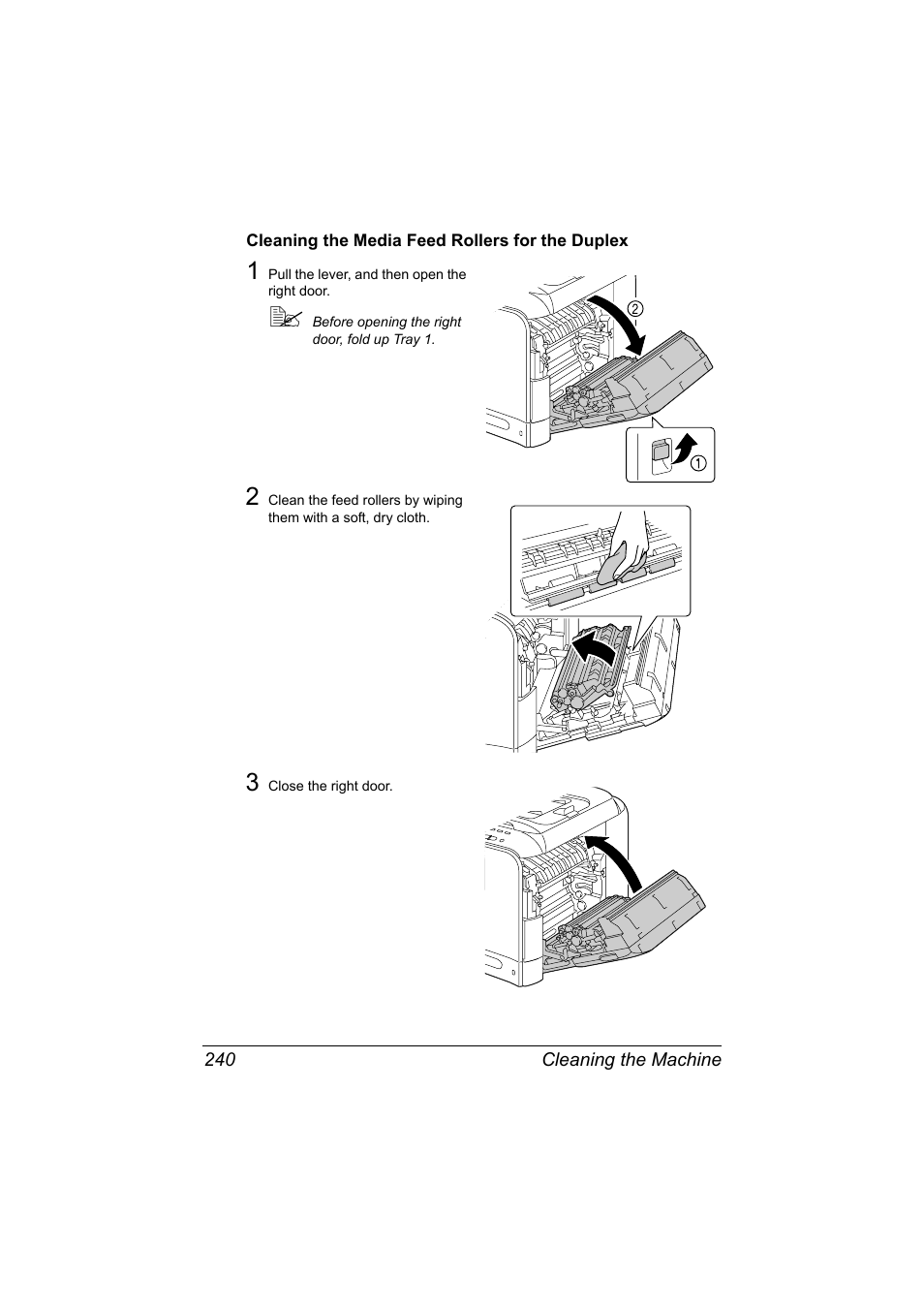 Cleaning the media feed rollers for the duplex, Cleaning the media feed rollers for the duplex 240 | Konica Minolta bizhub C20X User Manual | Page 254 / 346
