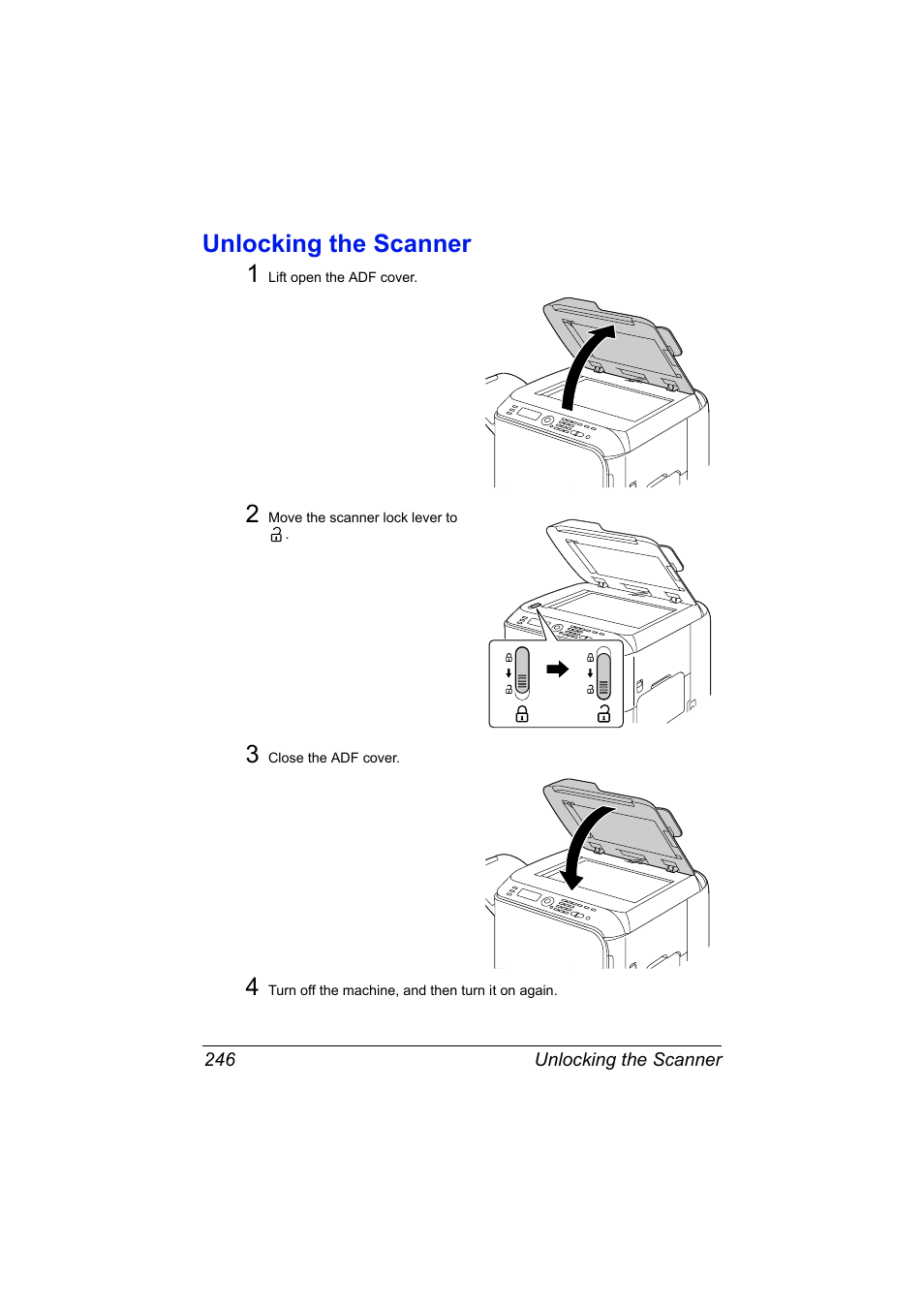 Unlocking the scanner, Unlocking the scanner 246, Unlocking the scanner 1 | Konica Minolta bizhub C20X User Manual | Page 260 / 346