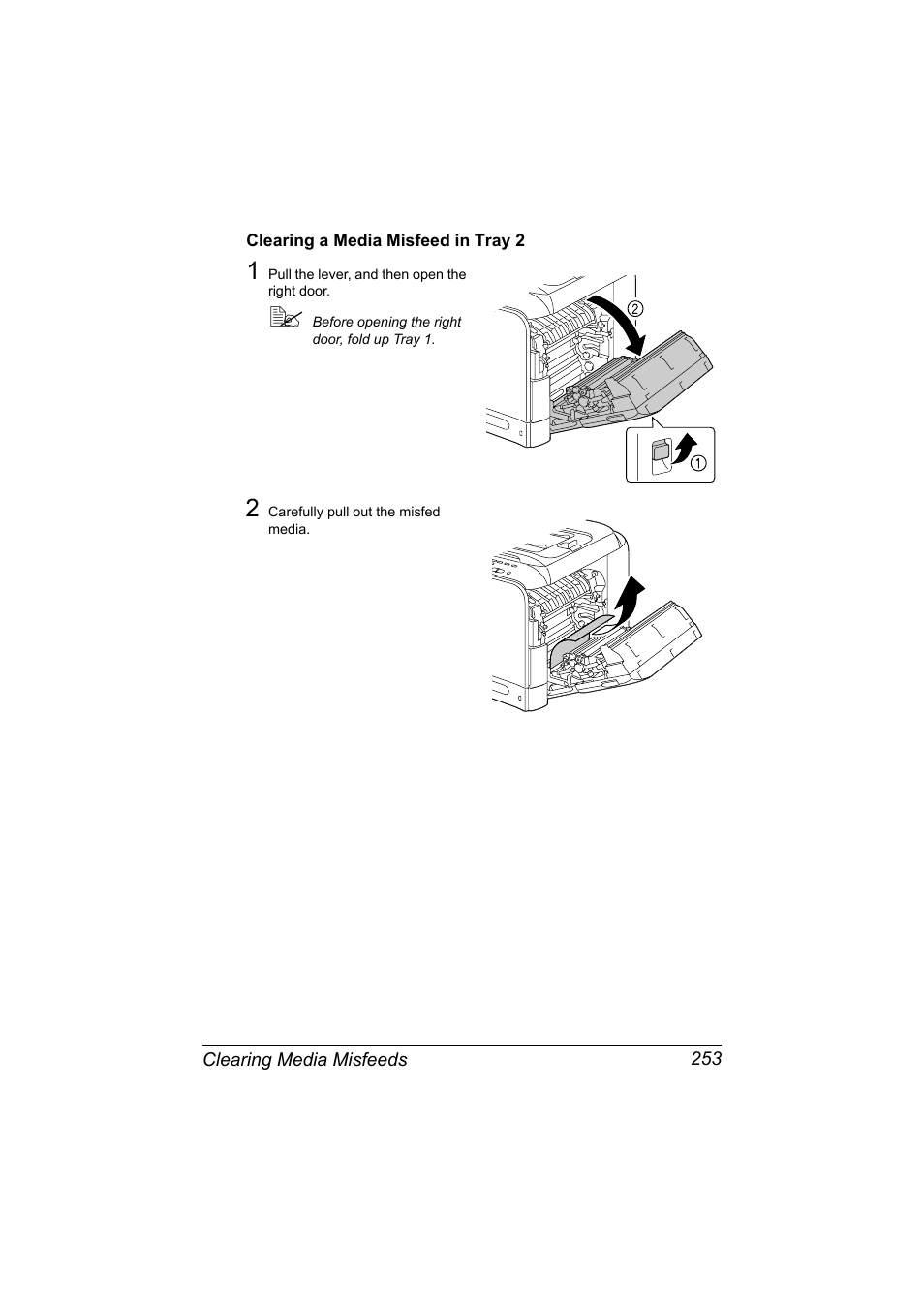 Clearing a media misfeed in tray 2, Clearing a media misfeed in tray 2 253 | Konica Minolta bizhub C20X User Manual | Page 267 / 346