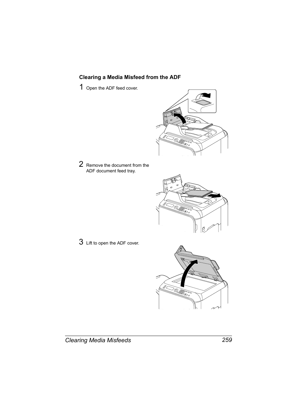 Clearing a media misfeed from the adf, Clearing a media misfeed from the adf 259 | Konica Minolta bizhub C20X User Manual | Page 273 / 346