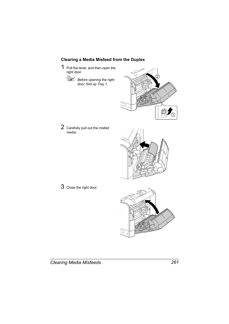 Clearing a media misfeed from the duplex, Clearing a media misfeed from the duplex 261 | Konica Minolta bizhub C20X User Manual | Page 275 / 346