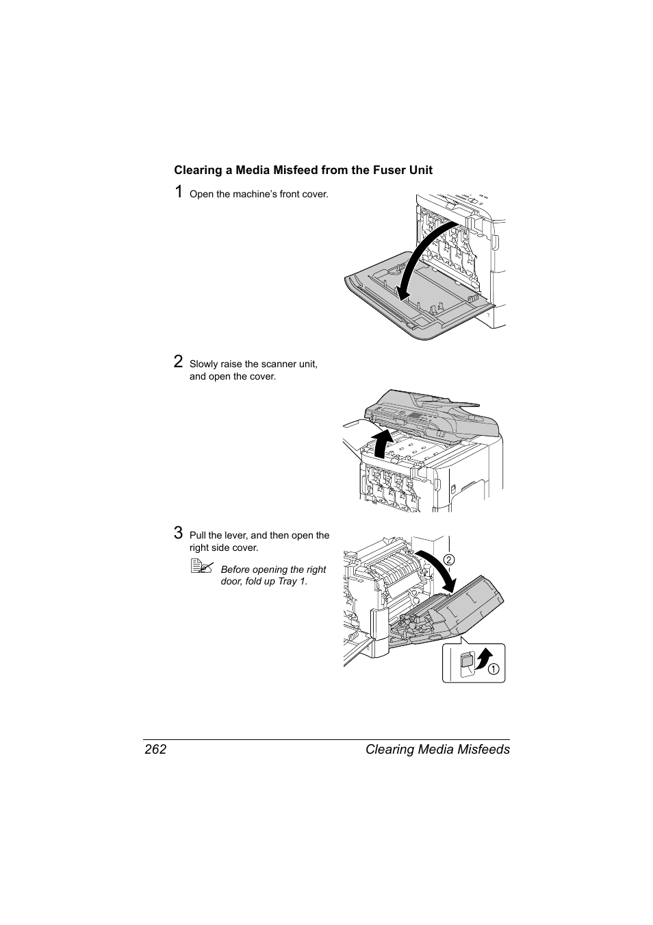 Clearing a media misfeed from the fuser unit, Clearing a media misfeed from the fuser unit 262 | Konica Minolta bizhub C20X User Manual | Page 276 / 346