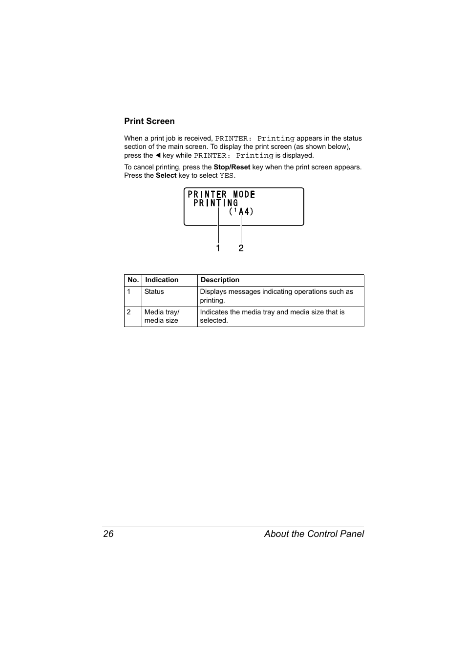 Print screen, Print screen 26, About the control panel 26 | Konica Minolta bizhub C20X User Manual | Page 40 / 346