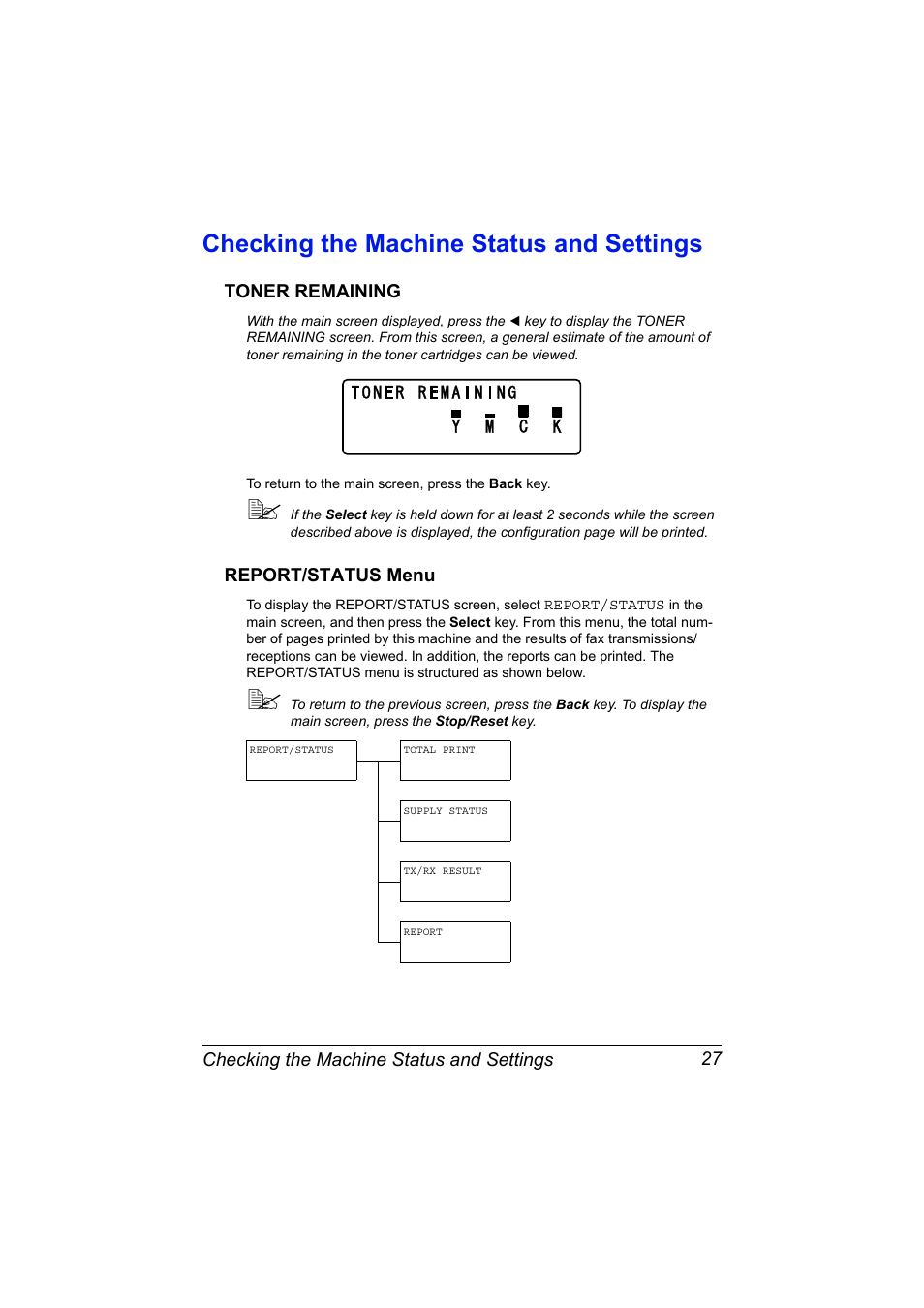Checking the machine status and settings, Toner remaining, Report/status menu | Checking the machine status and settings 27, Toner remaining 27 report/status menu 27 | Konica Minolta bizhub C20X User Manual | Page 41 / 346