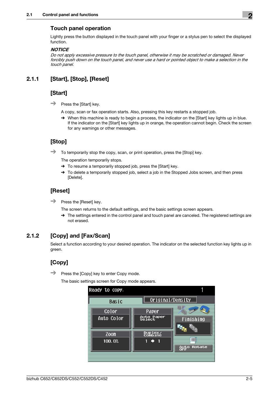 Touch panel operation, 1 [start], [stop], [reset, Start | Stop, Reset, 2 [copy] and [fax/scan, Copy, Touch panel operation -5, Copy] and [fax/scan] -5 [copy] -5, P. 2-5 | Konica Minolta BIZHUB C652DS User Manual | Page 13 / 64