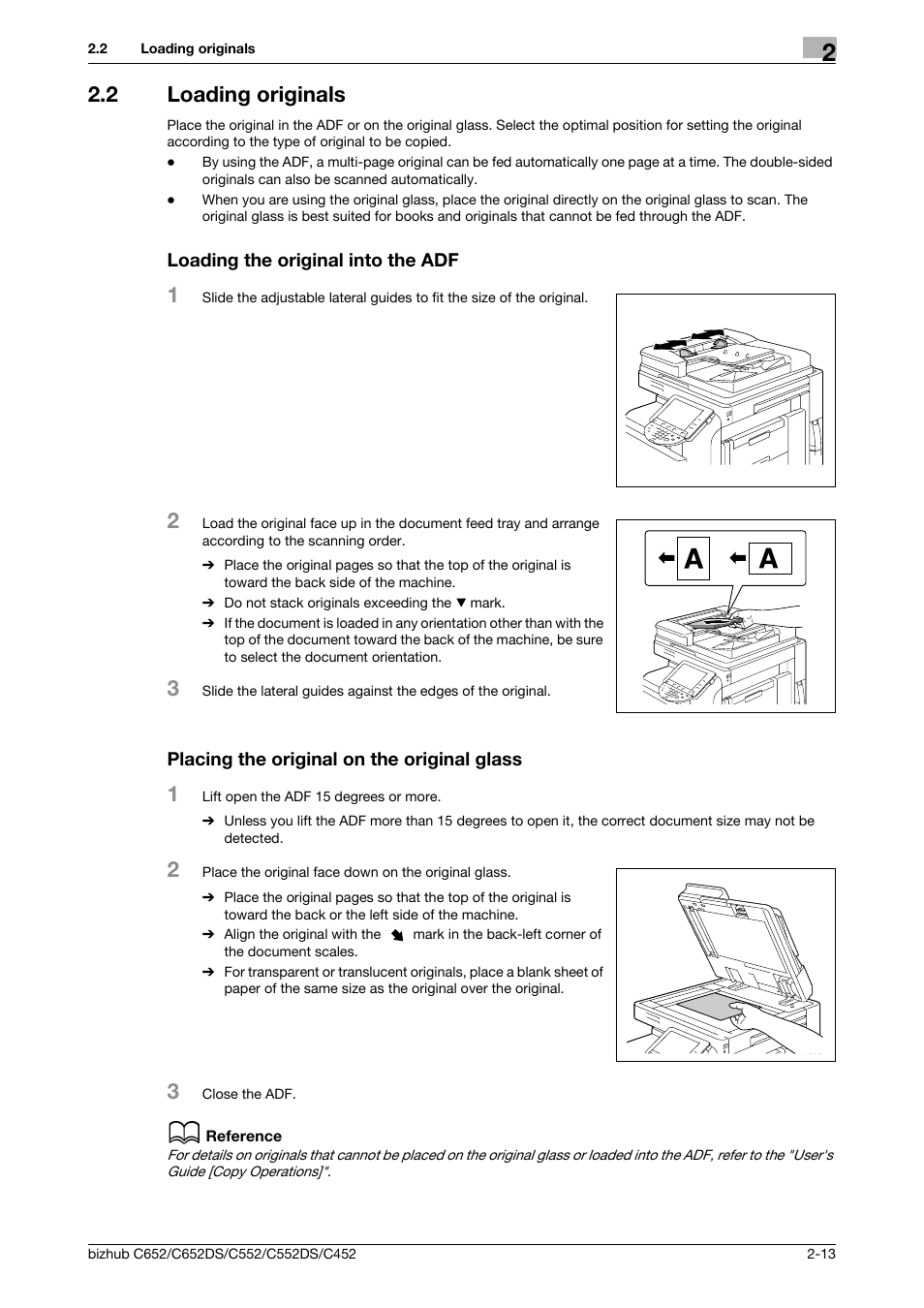 2 loading originals, Loading the original into the adf, Placing the original on the original glass | Konica Minolta BIZHUB C652DS User Manual | Page 21 / 64