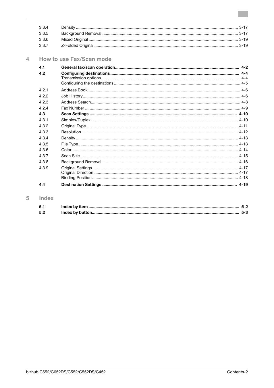 4how to use fax/scan mode, 5index | Konica Minolta BIZHUB C652DS User Manual | Page 3 / 64