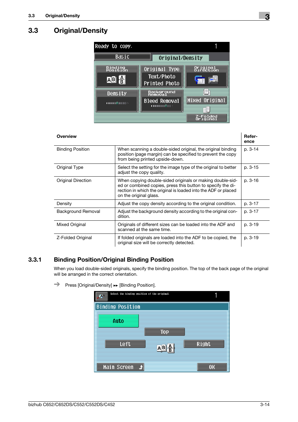 3 original/density, 1 binding position/original binding position, Original/density -14 | Binding position/original binding position -14 | Konica Minolta BIZHUB C652DS User Manual | Page 35 / 64