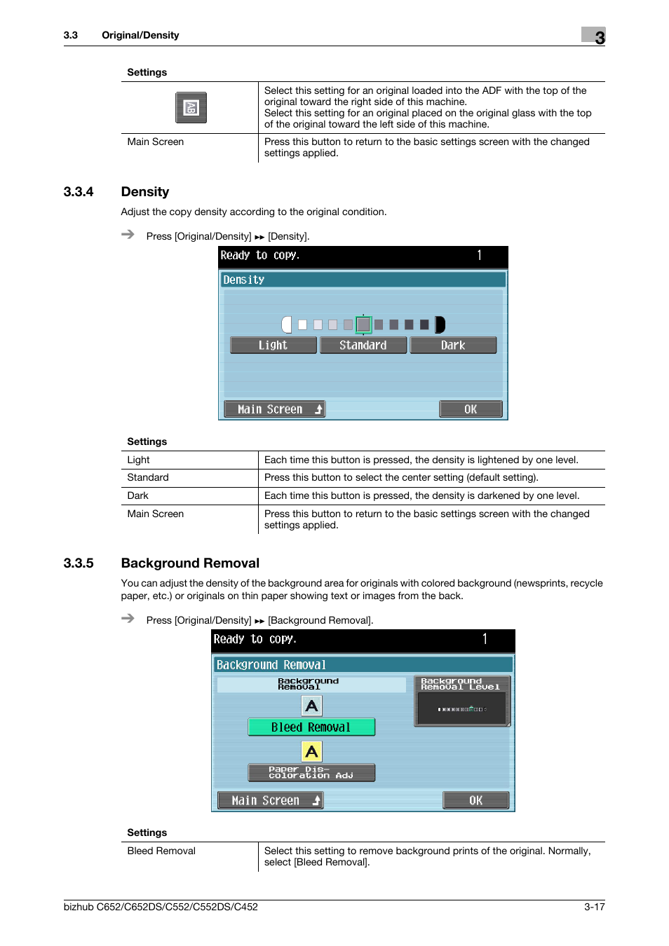 4 density, 5 background removal, Density -17 | Background removal -17, P. 3-17 | Konica Minolta BIZHUB C652DS User Manual | Page 38 / 64