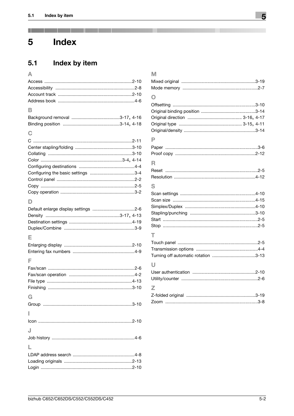 5 index, 1 index by item, A to z | Index, Index by item -2, 5index | Konica Minolta BIZHUB C652DS User Manual | Page 61 / 64