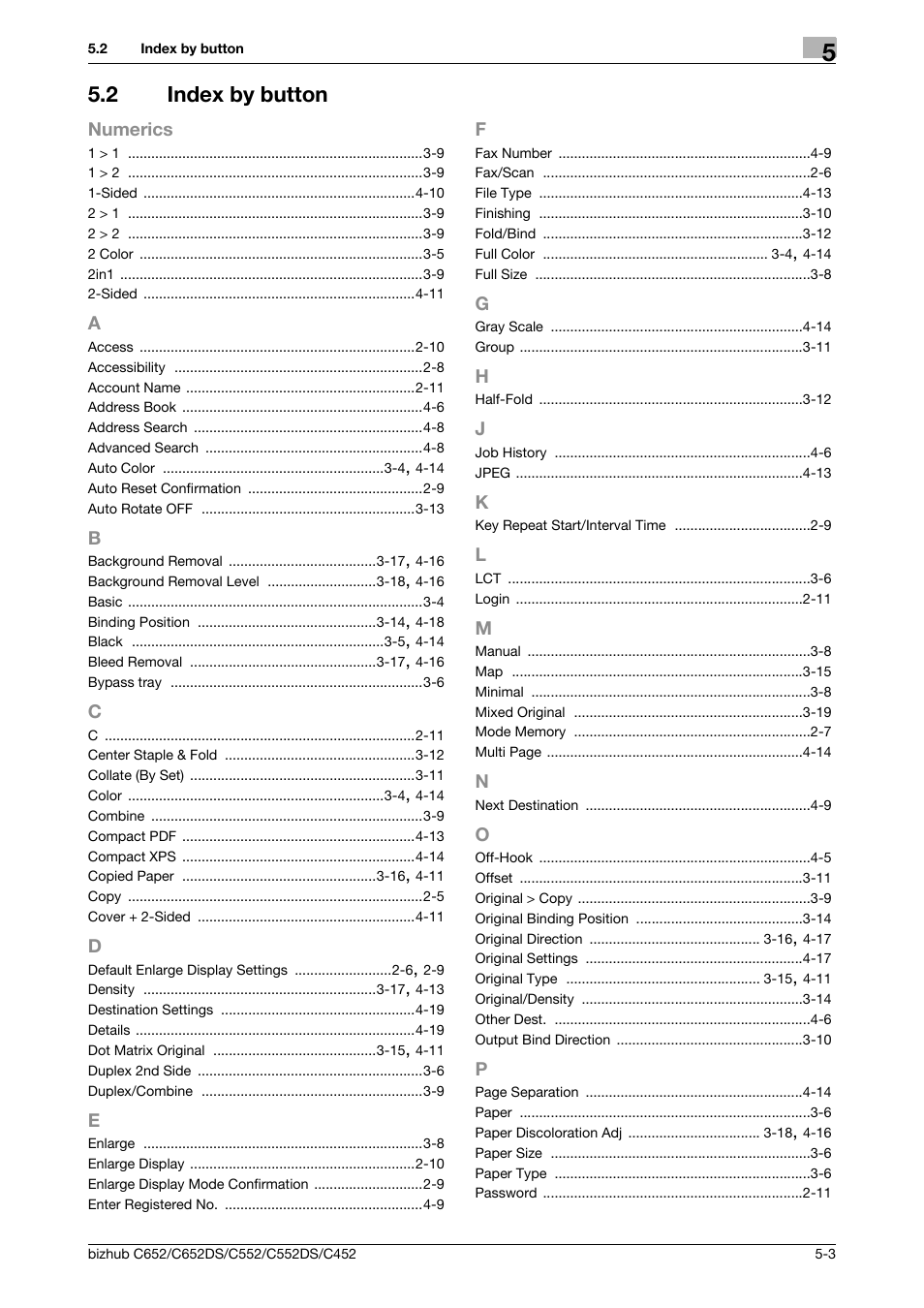 2 index by button, A to p, Index by button -3 | Konica Minolta BIZHUB C652DS User Manual | Page 62 / 64