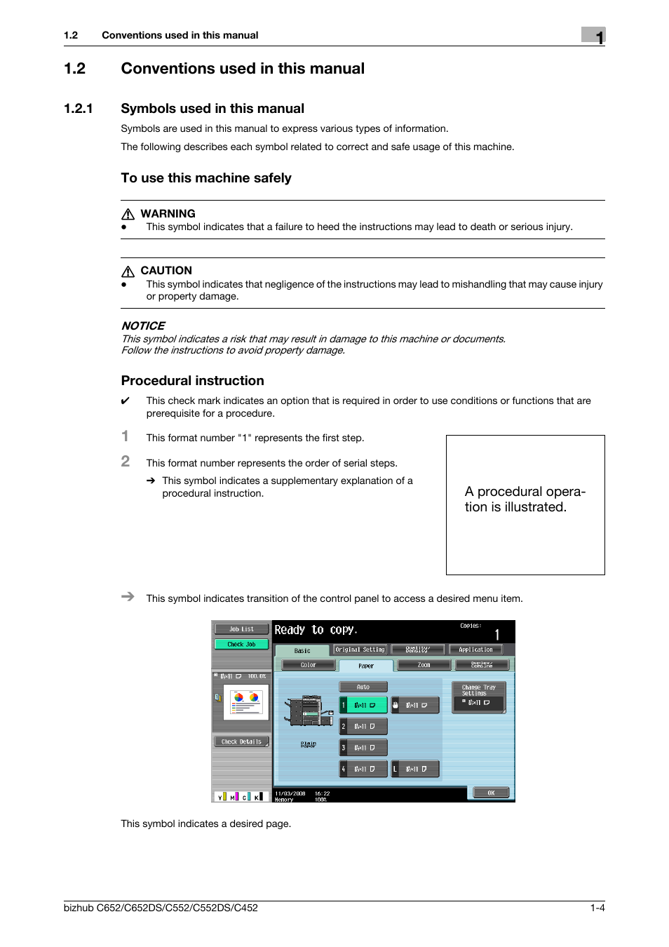 2 conventions used in this manual, 1 symbols used in this manual, To use this machine safely | Procedural instruction, Conventions used in this manual -4 | Konica Minolta BIZHUB C652DS User Manual | Page 7 / 64