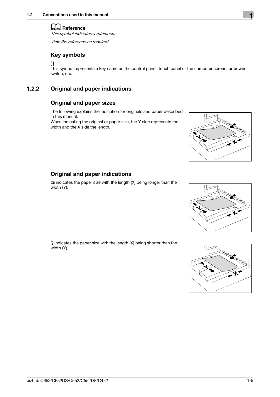 Key symbols, 2 original and paper indications, Original and paper sizes | Original and paper indications, Key symbols -5 | Konica Minolta BIZHUB C652DS User Manual | Page 8 / 64