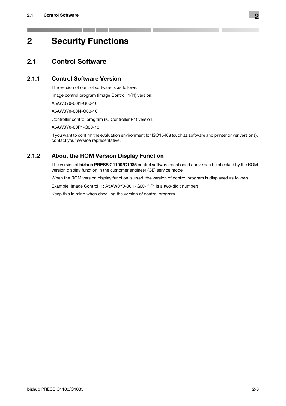 2 security functions, 1 control software, 1 control software version | 2 about the rom version display function, Security functions, Control software -3, Control software version -3, About the rom version display function -3, 2security functions | Konica Minolta bizhub PRESS C1100 User Manual | Page 13 / 72