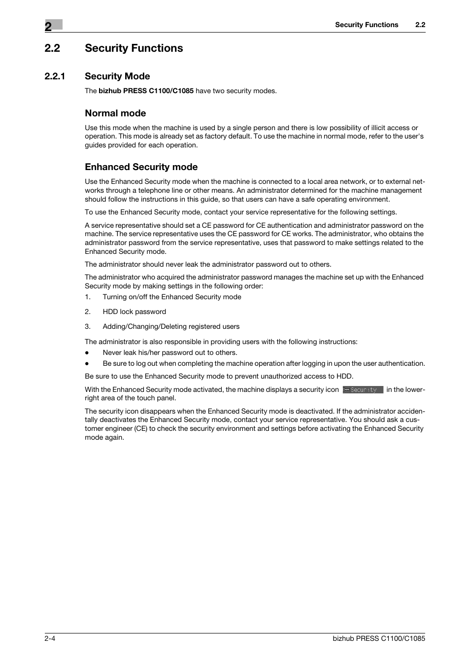 2 security functions, 1 security mode, Normal mode | Enhanced security mode, Security functions -4, Security mode -4 | Konica Minolta bizhub PRESS C1100 User Manual | Page 14 / 72