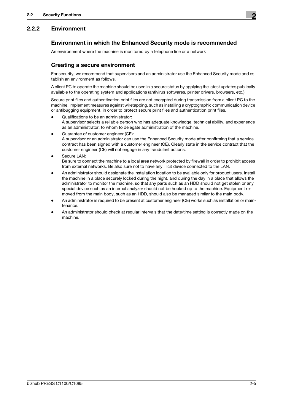 2 environment, Creating a secure environment, Environment -5 | Konica Minolta bizhub PRESS C1100 User Manual | Page 15 / 72