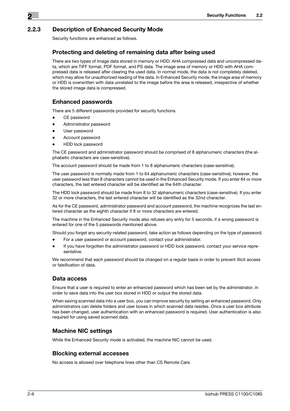 3 description of enhanced security mode, Enhanced passwords, Data access | Machine nic settings, Blocking external accesses, Description of enhanced security mode -6 | Konica Minolta bizhub PRESS C1100 User Manual | Page 16 / 72