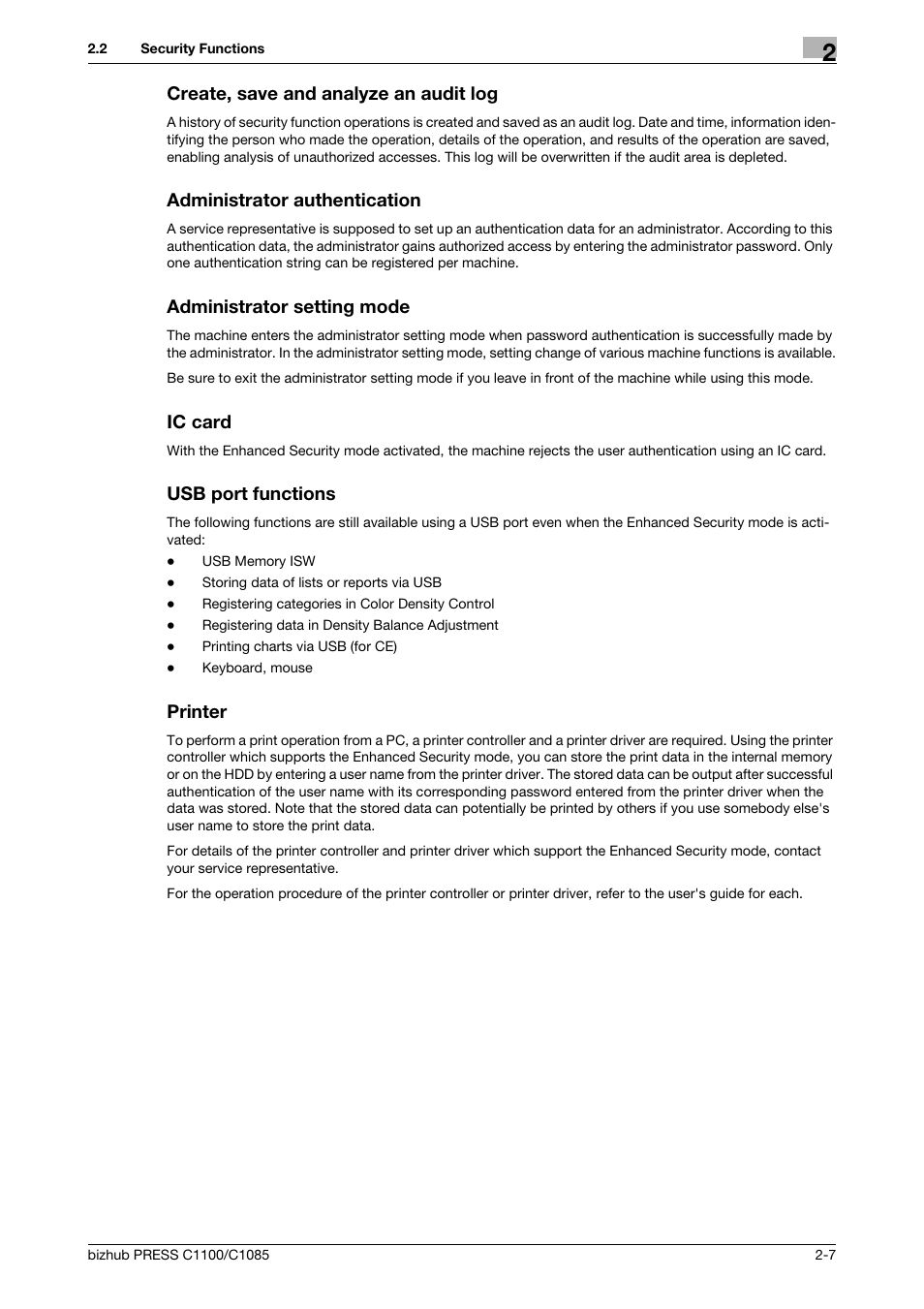 Create, save and analyze an audit log, Administrator authentication, Administrator setting mode | Ic card, Usb port functions, Printer | Konica Minolta bizhub PRESS C1100 User Manual | Page 17 / 72