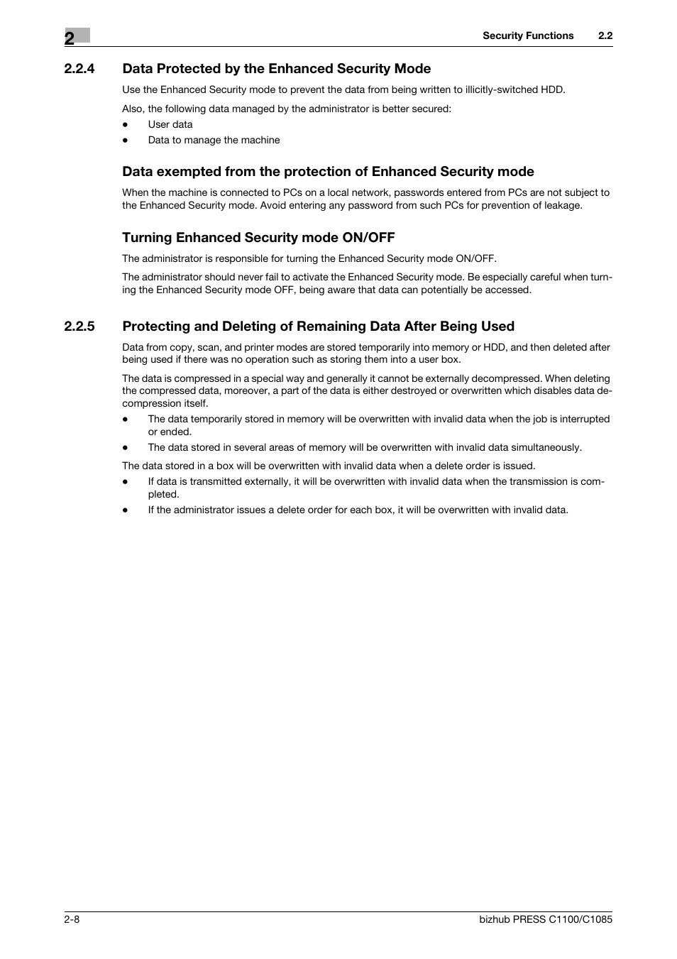 4 data protected by the enhanced security mode, Turning enhanced security mode on/off, Data protected by the enhanced security mode -8 | Konica Minolta bizhub PRESS C1100 User Manual | Page 18 / 72