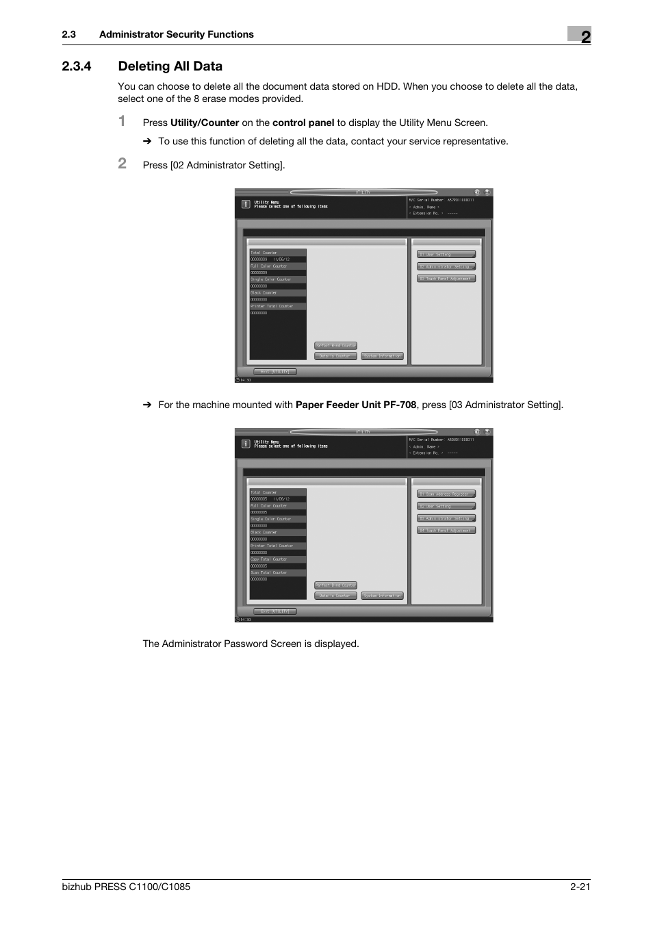 4 deleting all data, Deleting all data -21 | Konica Minolta bizhub PRESS C1100 User Manual | Page 31 / 72
