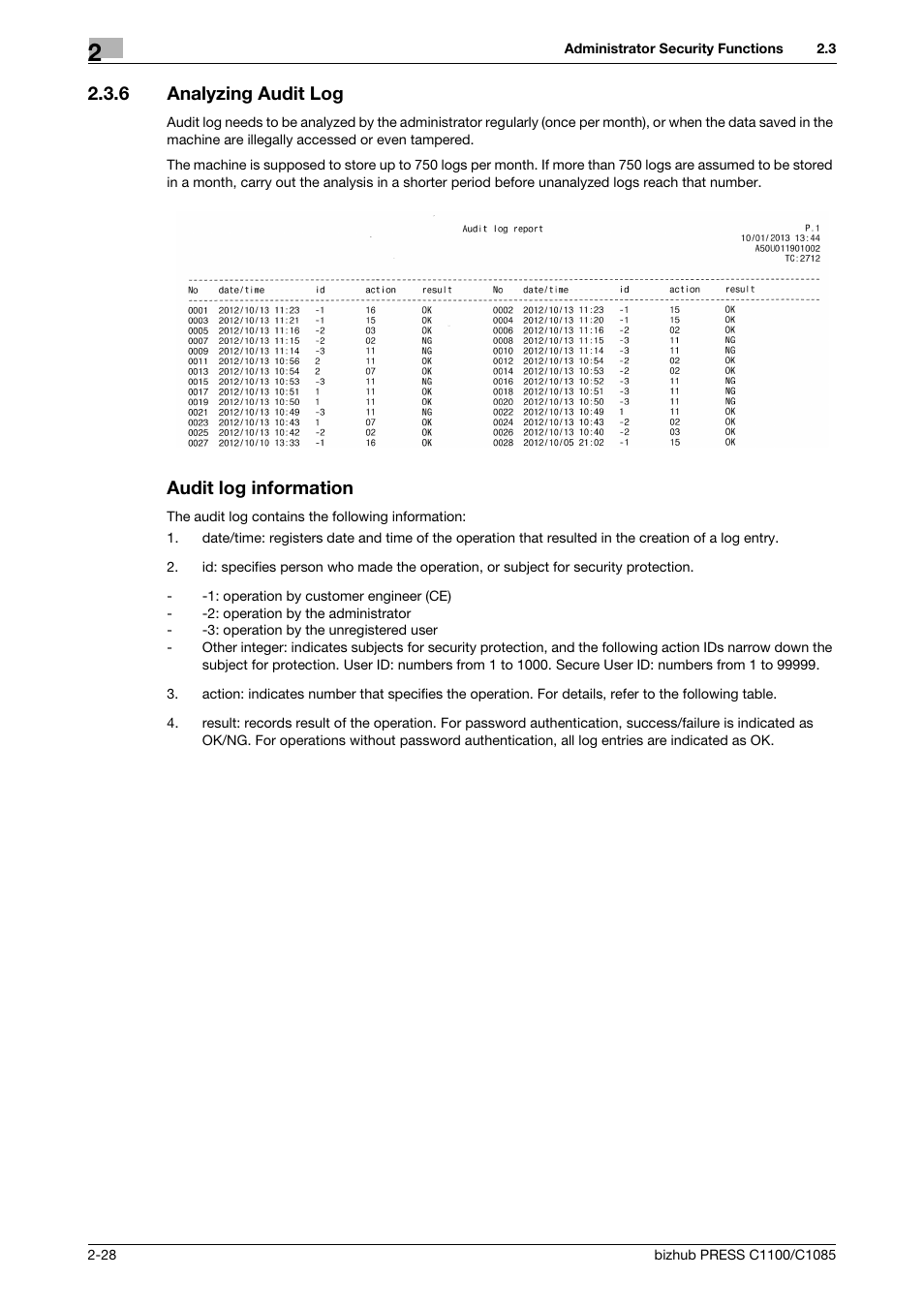 6 analyzing audit log, Audit log information, Analyzing audit log -28 | Konica Minolta bizhub PRESS C1100 User Manual | Page 38 / 72