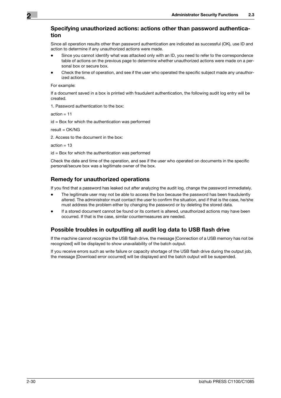 Remedy for unauthorized operations | Konica Minolta bizhub PRESS C1100 User Manual | Page 40 / 72