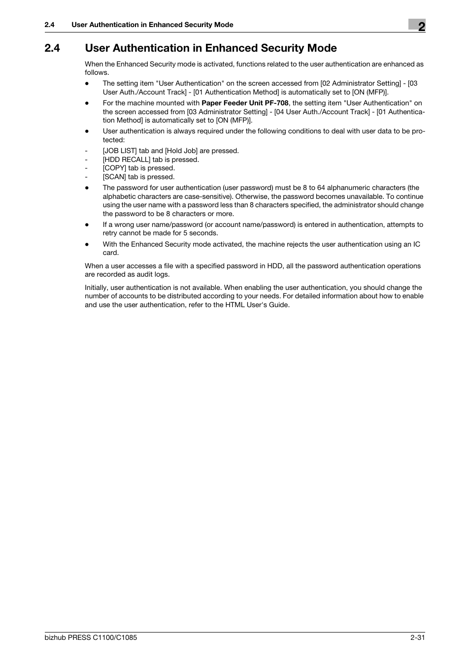 4 user authentication in enhanced security mode, User authentication in enhanced security mode -31 | Konica Minolta bizhub PRESS C1100 User Manual | Page 41 / 72