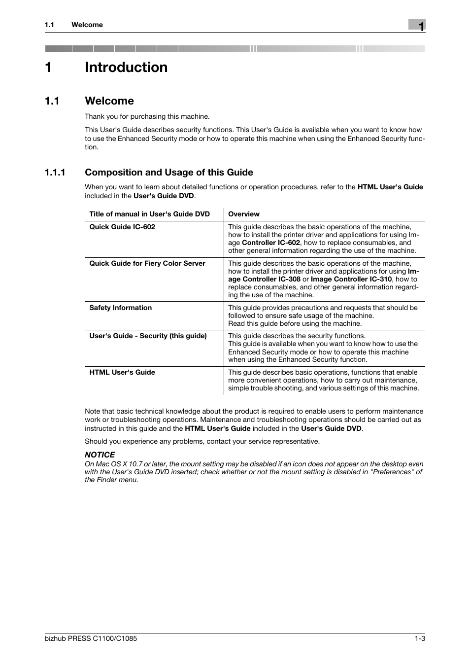 1 introduction, 1 welcome, 1 composition and usage of this guide | Introduction, Welcome -3, Composition and usage of this guide -3, 1introduction | Konica Minolta bizhub PRESS C1100 User Manual | Page 7 / 72