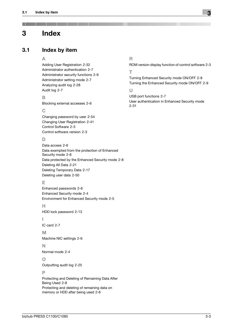 3 index, 1 index by item, Index | Index by item -3, 3index | Konica Minolta bizhub PRESS C1100 User Manual | Page 71 / 72