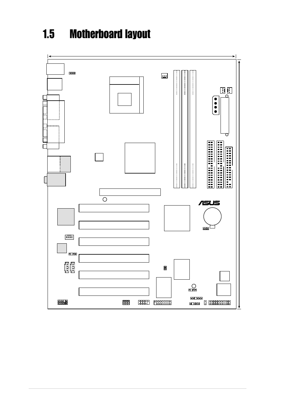 5 motherboard layout, 8 chapter 1: product introduction, Pci1 | Pci2 pci3 pci4 pci5 bluemagic pci slot, P4pe bp, Super i/o | Asus P4PE BP User Manual | Page 18 / 84