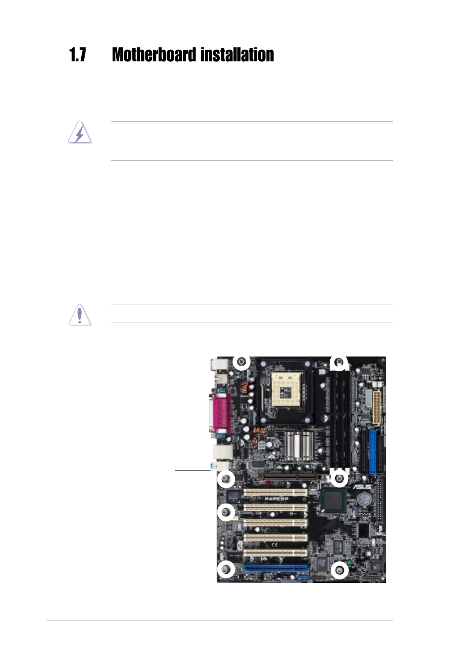 7 motherboard installation, 1 placement direction, 2 screw holes | Asus P4PE BP User Manual | Page 20 / 84