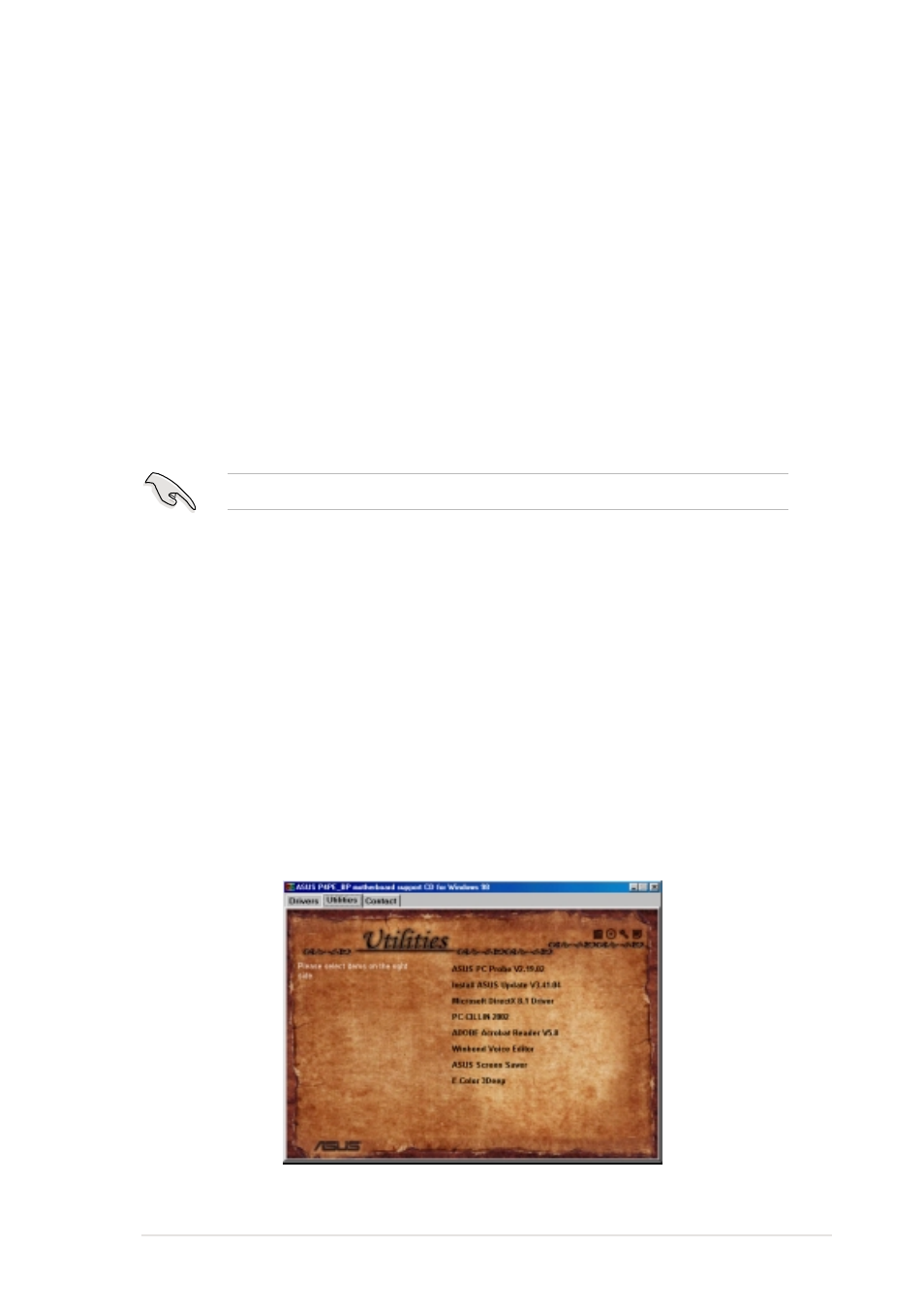 2 drivers menu, 3 utilities menu, Intel chipset inf update program | Intel application accelerator driver, Soundmax audio driver and application, Broadcom 4401 lan driver | Asus P4PE BP User Manual | Page 71 / 84