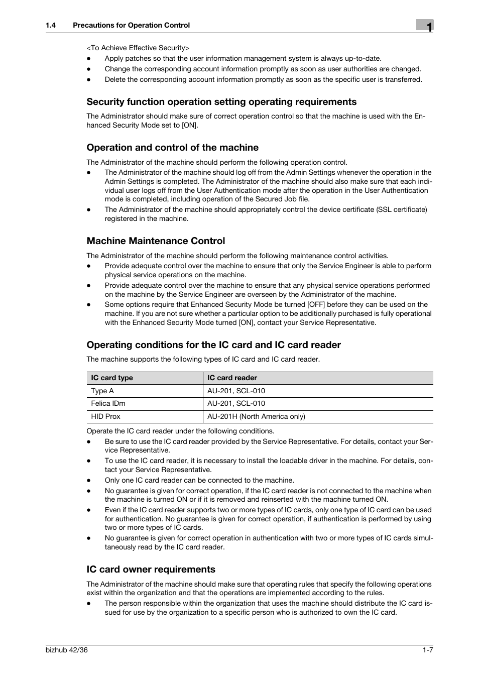 Operation and control of the machine, Machine maintenance control, Ic card owner requirements | Konica Minolta bizhub 42 User Manual | Page 10 / 94