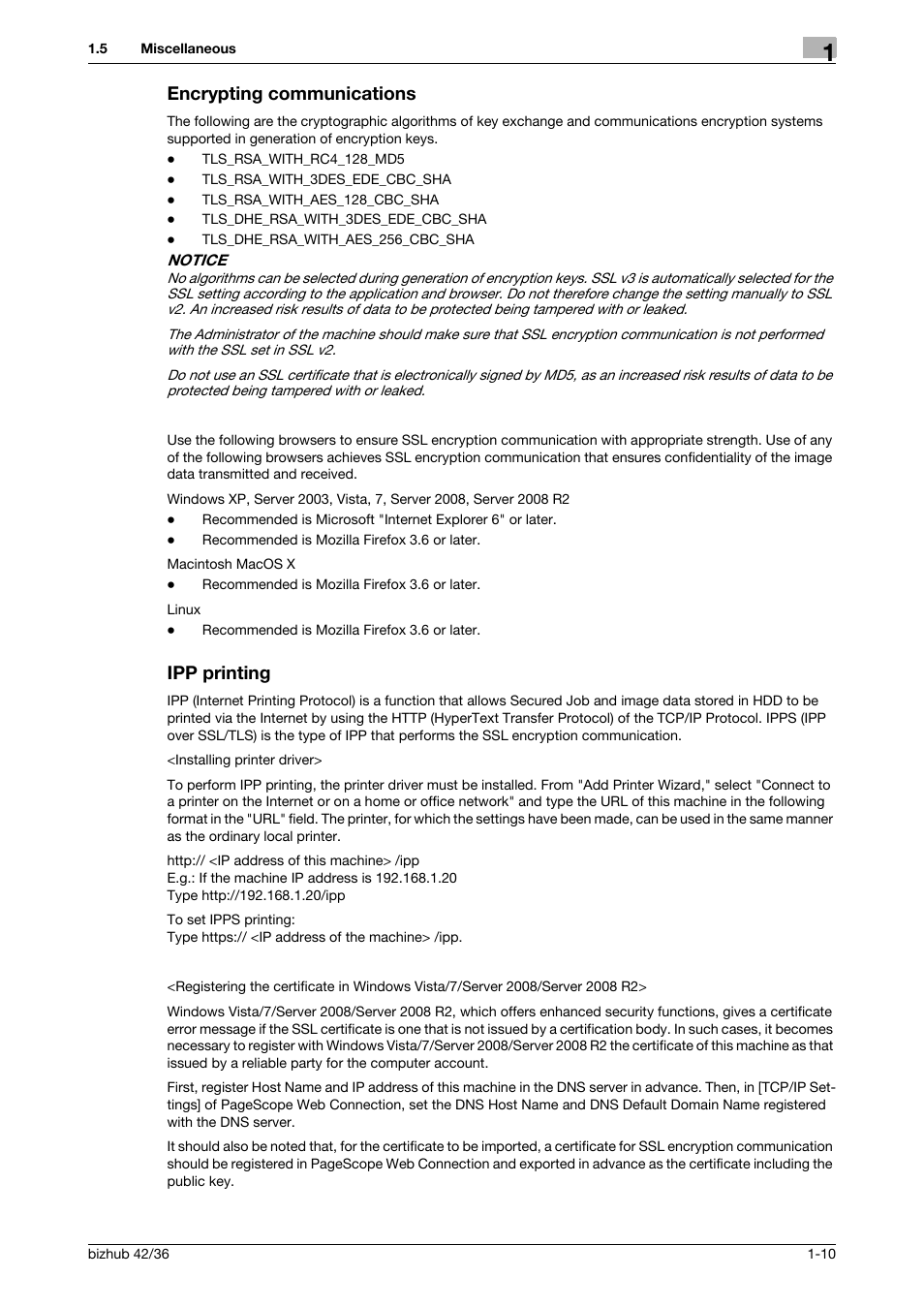 Encrypting communications, Ipp printing, Encrypting communications -10 ipp printing -10 | Konica Minolta bizhub 42 User Manual | Page 13 / 94