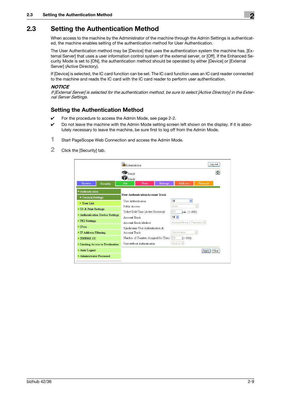 3 setting the authentication method, Setting the authentication method | Konica Minolta bizhub 42 User Manual | Page 24 / 94
