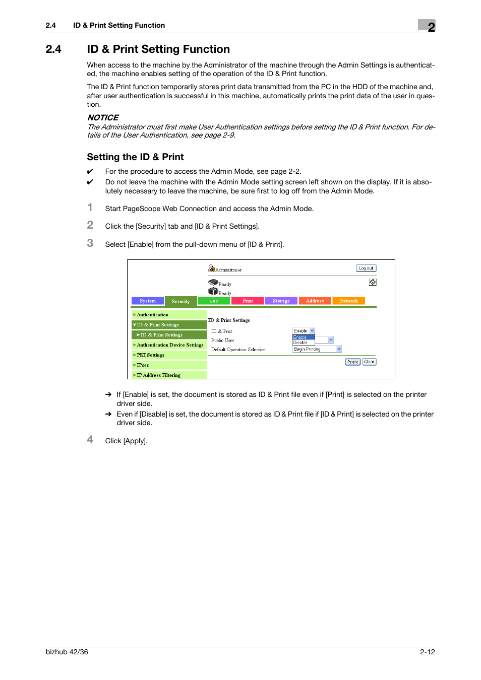 4 id & print setting function, Setting the id & print | Konica Minolta bizhub 42 User Manual | Page 27 / 94