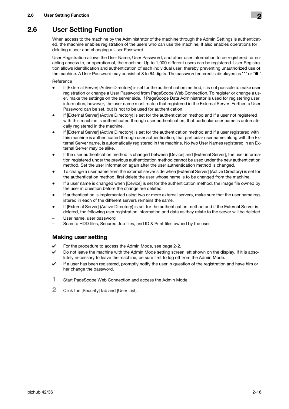6 user setting function, Making user setting, User setting function -16 making user setting -16 | Konica Minolta bizhub 42 User Manual | Page 31 / 94