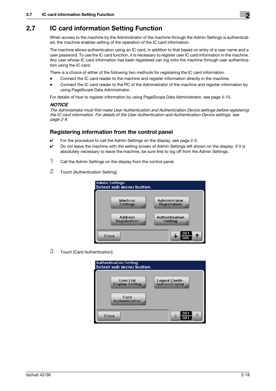 7 ic card information setting function, Registering information from the control panel | Konica Minolta bizhub 42 User Manual | Page 33 / 94