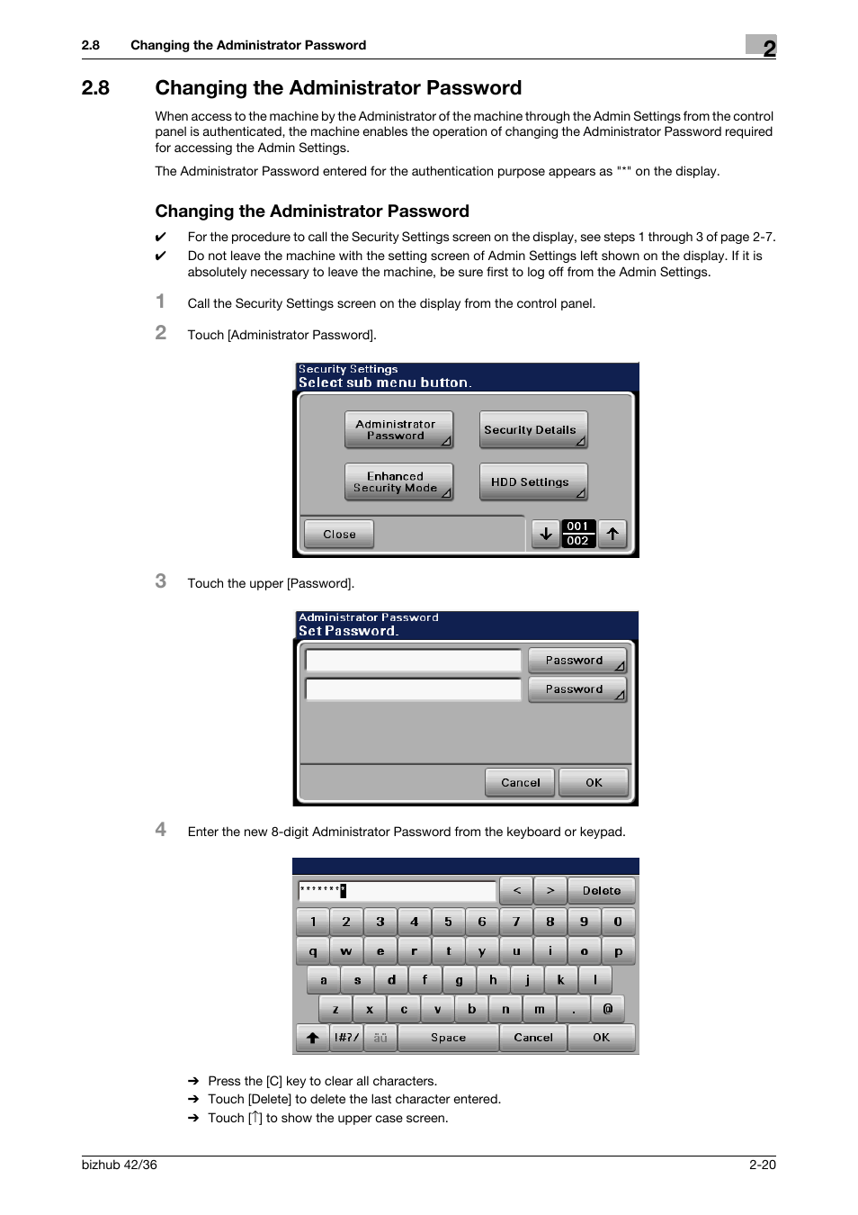 8 changing the administrator password, Changing the administrator password | Konica Minolta bizhub 42 User Manual | Page 35 / 94