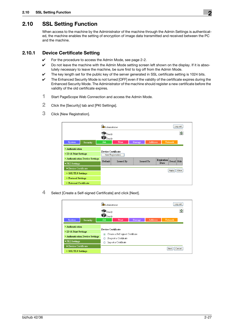 10 ssl setting function, 1 device certificate setting, Ssl setting function -27 | Device certificate setting -27 | Konica Minolta bizhub 42 User Manual | Page 42 / 94