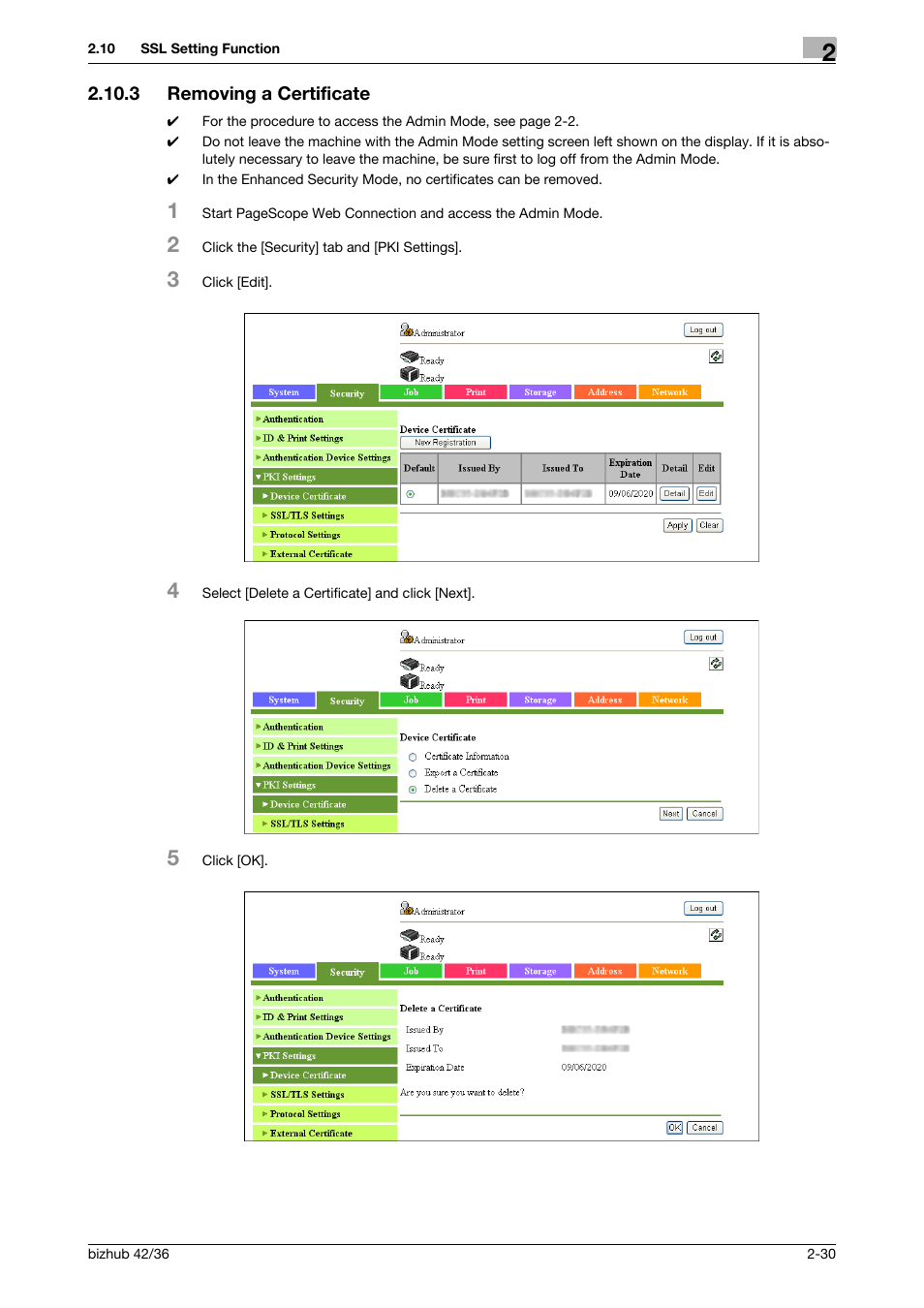 3 removing a certificate, Removing a certificate -30 | Konica Minolta bizhub 42 User Manual | Page 45 / 94