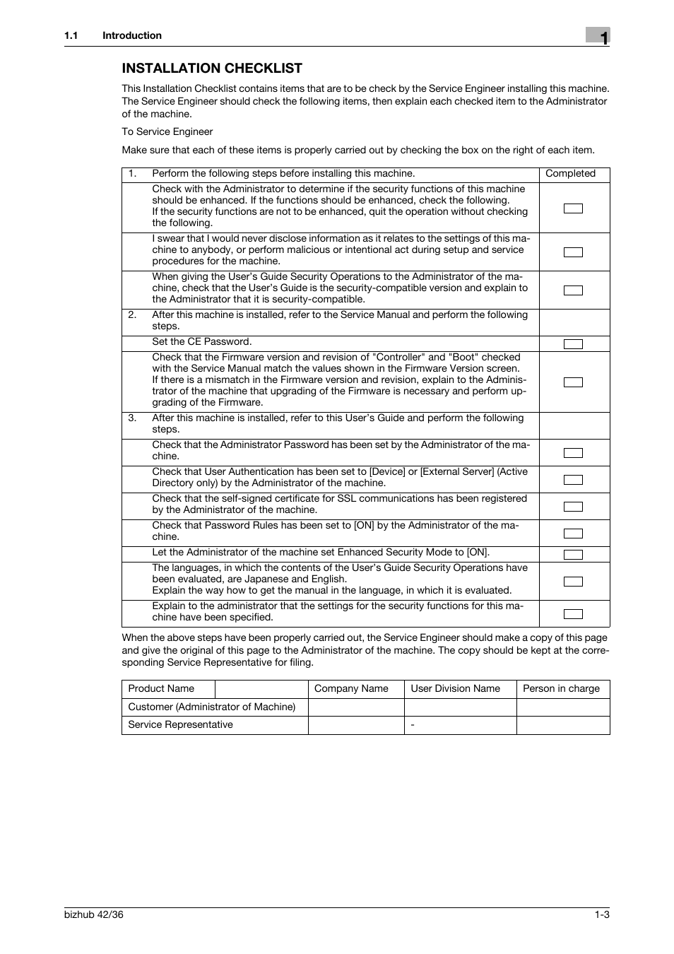 Installation checklist, Installation checklist -3 | Konica Minolta bizhub 42 User Manual | Page 6 / 94