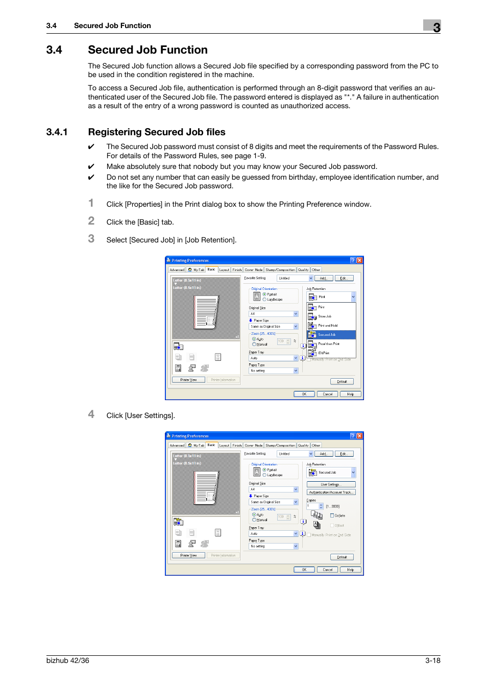 4 secured job function, 1 registering secured job files, Secured job function -18 | Registering secured job files -18 | Konica Minolta bizhub 42 User Manual | Page 72 / 94