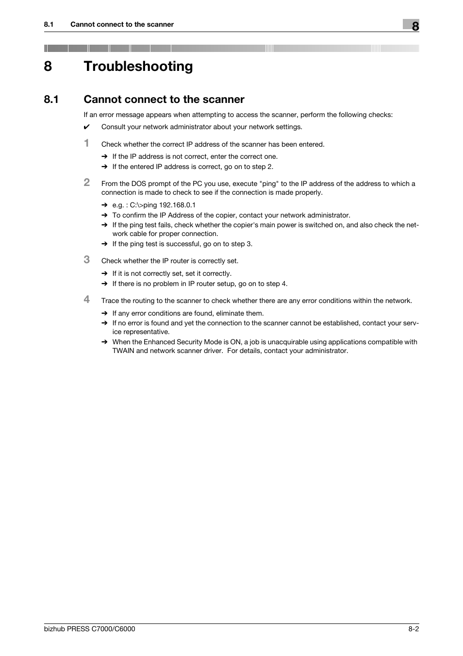 8 troubleshooting, 1 cannot connect to the scanner, Troubleshooting | Cannot connect to the scanner -2, 8troubleshooting | Konica Minolta IC-413 User Manual | Page 100 / 106